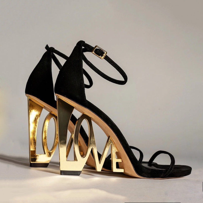 Unique Love Design Black Velvet High Heel Shoes CJ