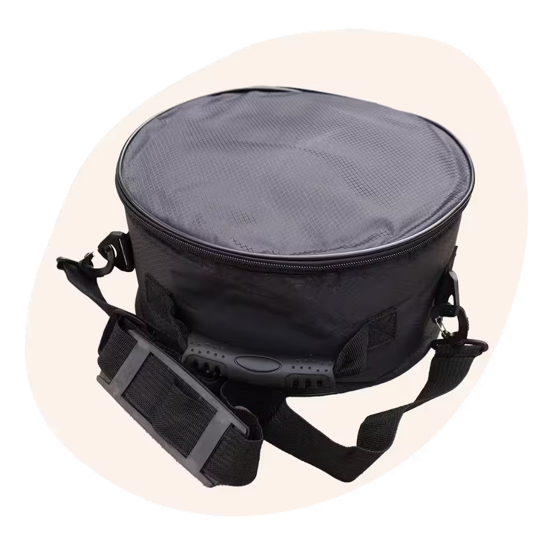 Round black and gray insulated cooler bag with shoulder strap.