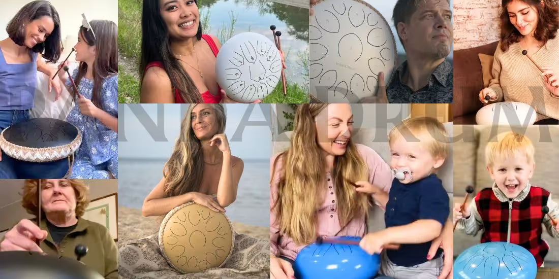 Collage of diverse people smiling and playing handpans.