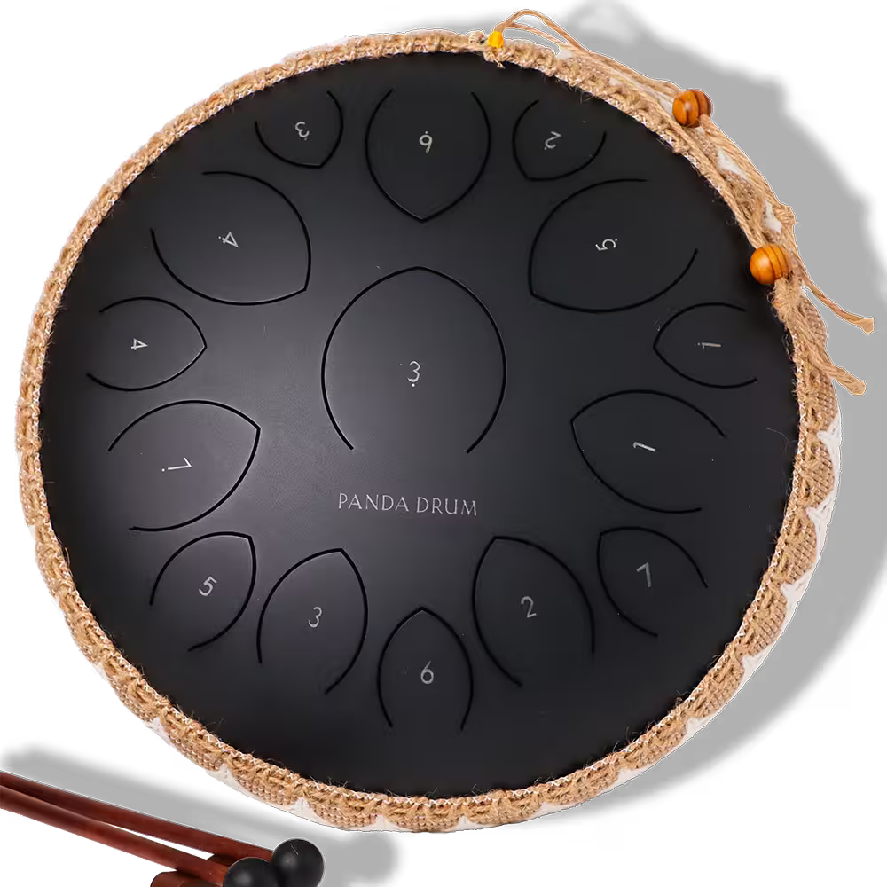 Black steel tongue drum with marked notes and drumsticks, labeled 'PANDA DRUM'.