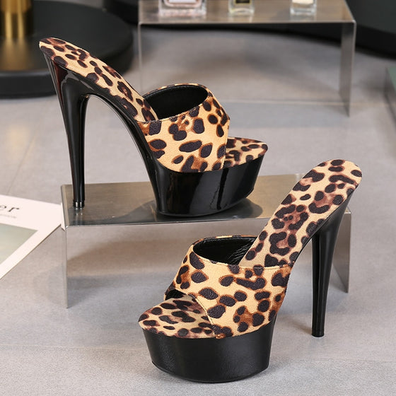 Leopard  Sandals Platform Nightclub Sexy High-heeled Slippers Heels Waterproof Thick Bottom