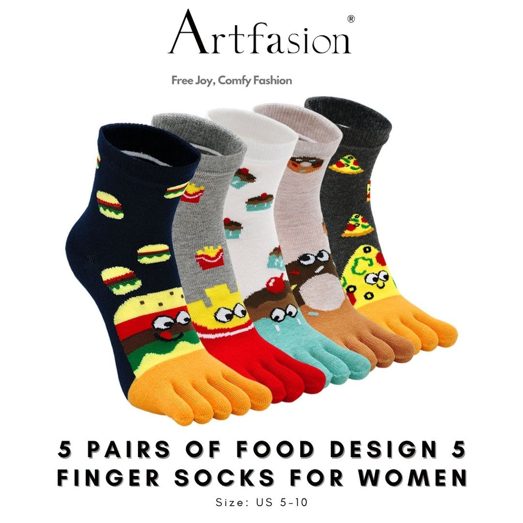 Artfasion Cute Food Design 5 Finger Crew Socks for Women 5 Pairs