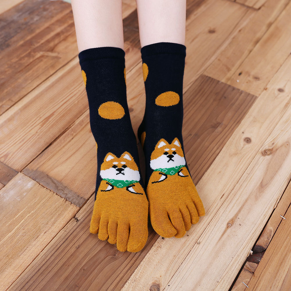 Artfasion Cute Polka Dots Animal Design 5 Finger Crew Socks for Women 5  Pairs