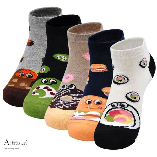 Artfasion Cute Food Design 5 Finger Crew Socks for Women 5 Pairs