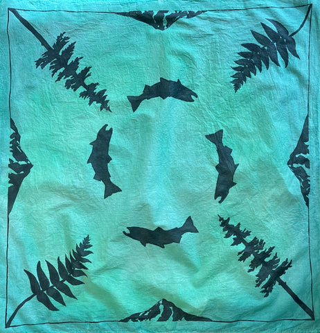 Hand-painted bandana blue green color with animal silhouettes