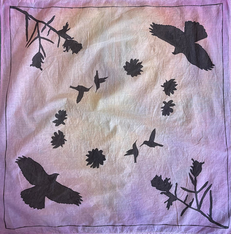 Hand-painted bandana with sunset colors and animal silhouettes