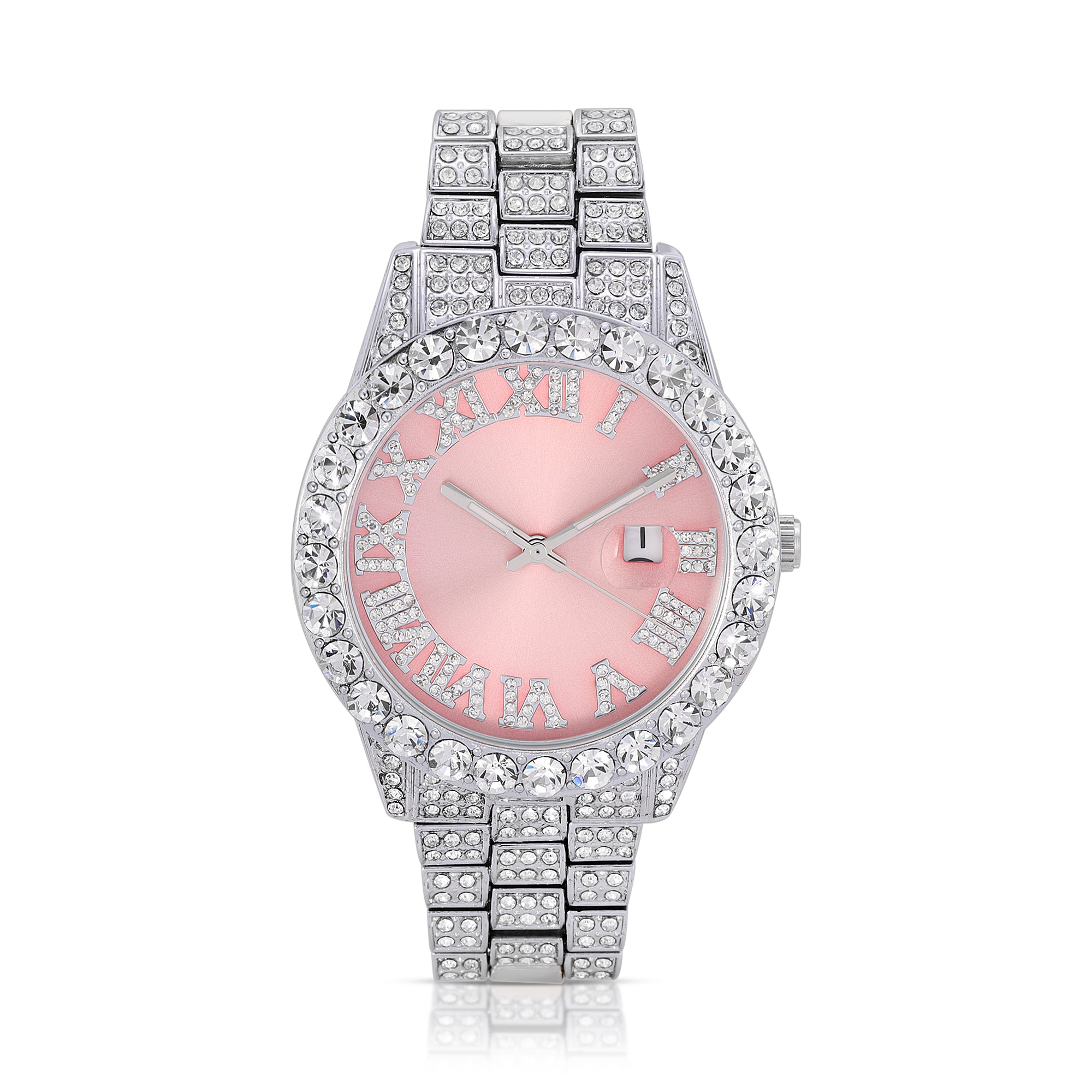 pink face watch with diamonds