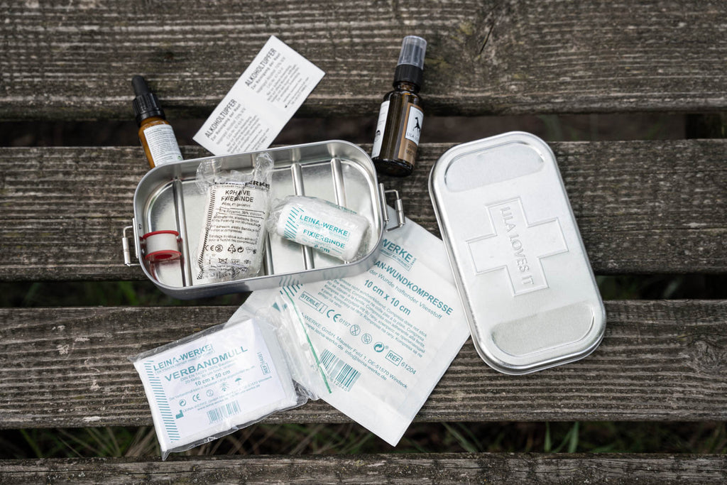 This image is part of the blog post 'First Aid for Dogs - What to do if you have shortness of breath, shock or wounds?' It shows the contents of the LILA LOVES IT first aid kit.