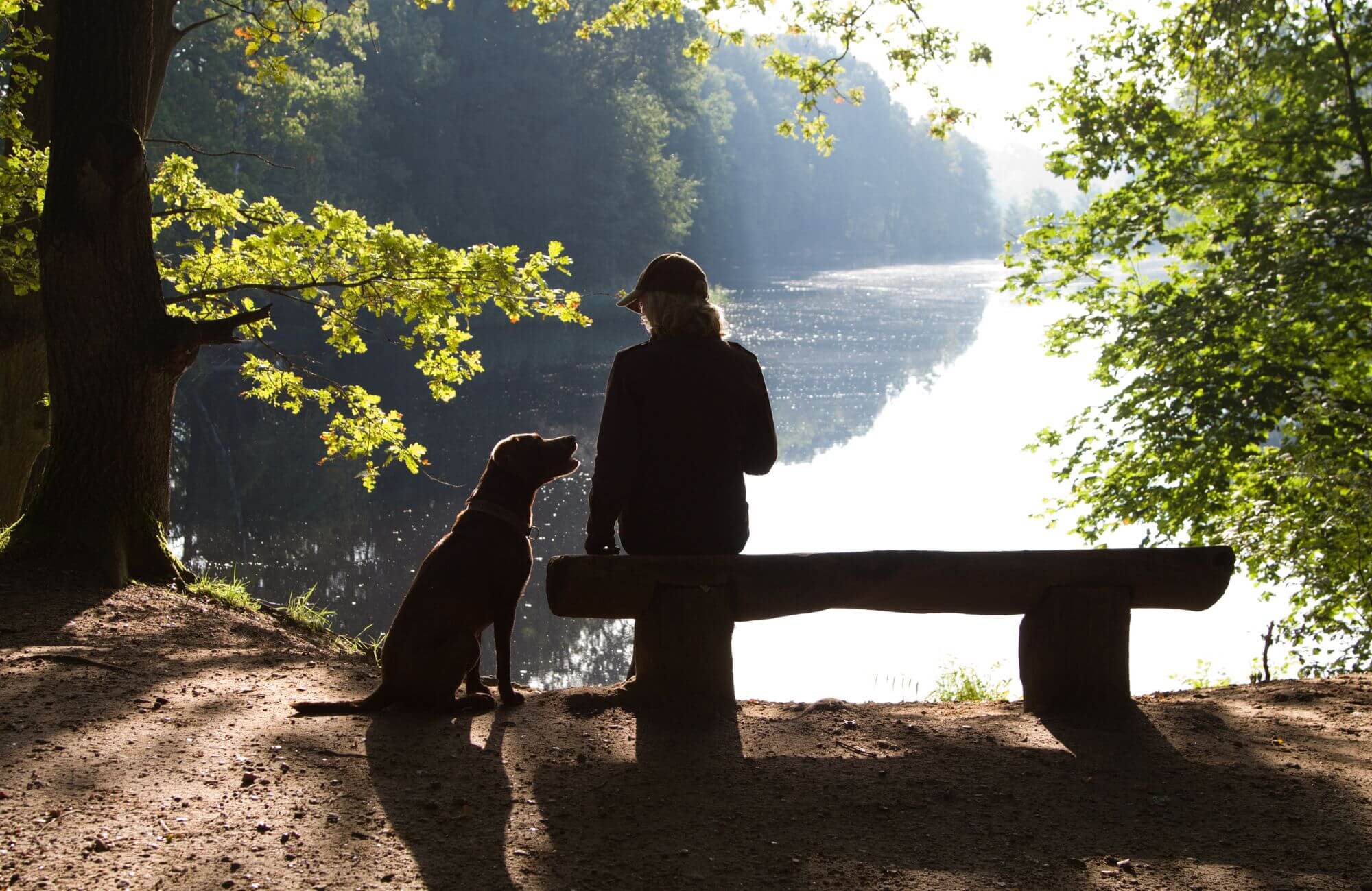 Hund und Frau am See