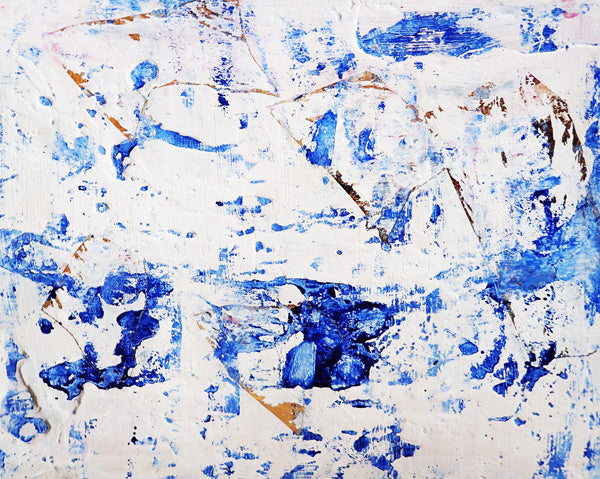 Abstract painting, "Two Weeks into Winter", white background with blue and gold marks