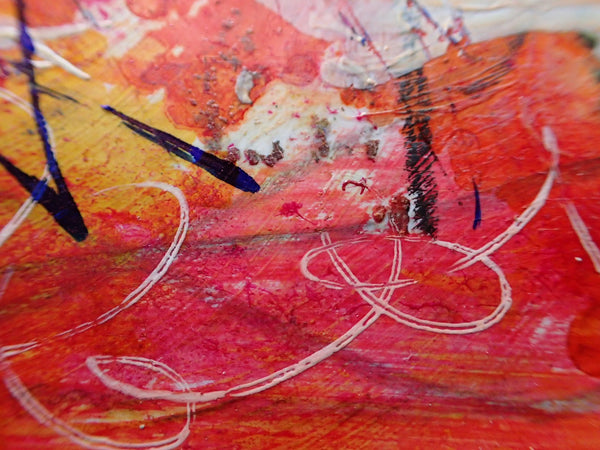 Close up of abstract painting with red background, and yellow, black, and white marks