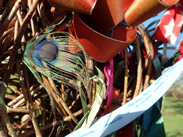 Close up of a collection of objects found in a Glastonbury, including a peacock feather, orange ribbons, and a cluster of brown sticks