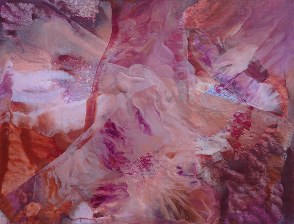 Photo of an original encaustic wax monotype, purple, orange, pink, magenta