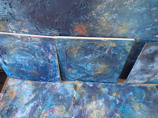 Kimberli Werner, series of new paintings leaning on each other, blue, gold, turquoise