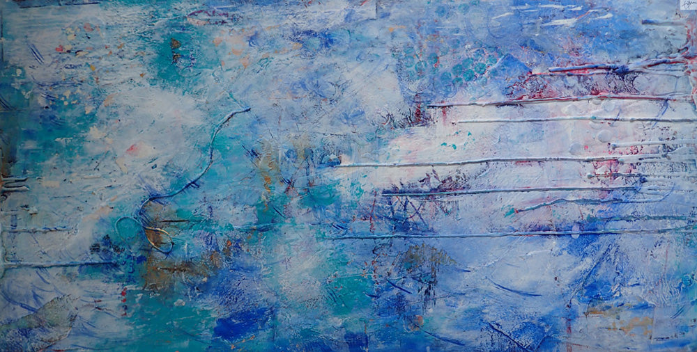 Image of finished painting, “Blue Glances”, encaustic wax, collage, acrylic, acrylic ink, embossing foil, found objects, on gypsum board, 24” x 12”, 60cm x 30cm, © 2018 Kimberli Werner.