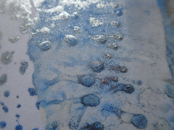 Kimberli Werner Art, work in progress, wavy patterns of encaustic wax in silver and light blue