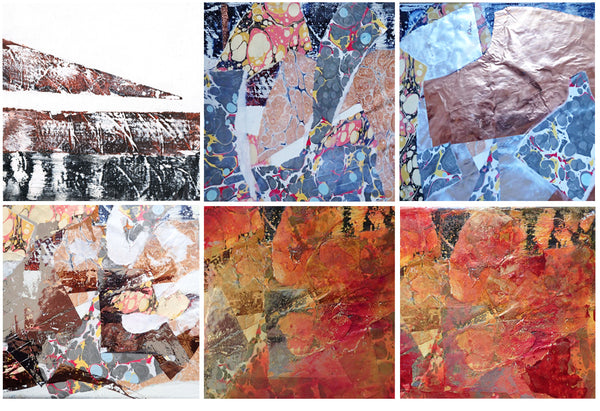 Six images of the process of creating a painting, including collage, encaustic wax, and colour details.