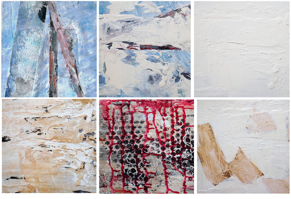 Six images of the process of an abstract painting, "Two Weeks into Winter"