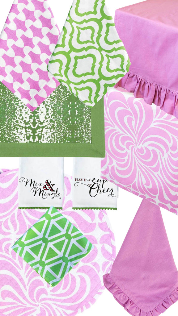 Pink and green Christmas table linens for every table