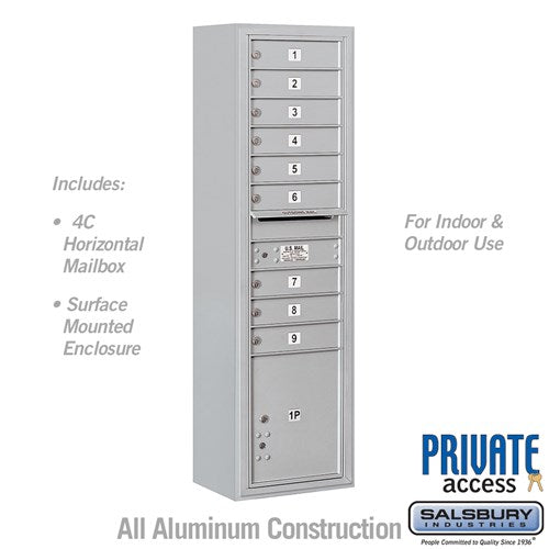 Salsbury Maximum Height Surface Mounted 4C Horizontal Mailbox with 9 Doors and 1 Parcel Locker in Aluminum with Private Access