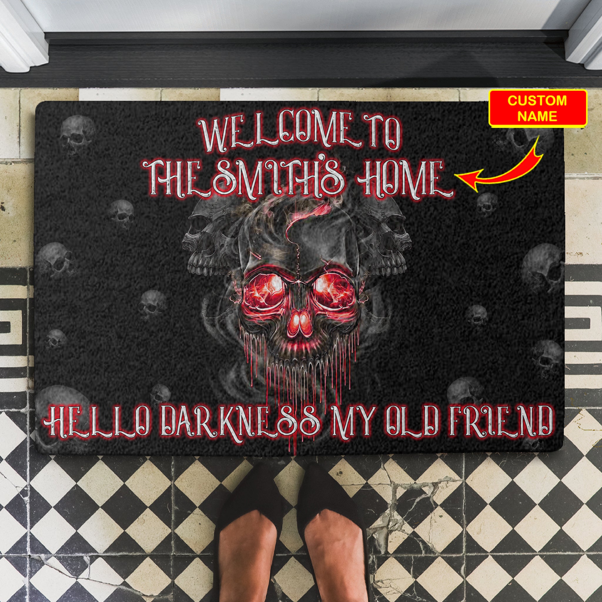 Welcome Darkness My Old Friend Glowing Eyes Smoky Skull Personalized Doormat