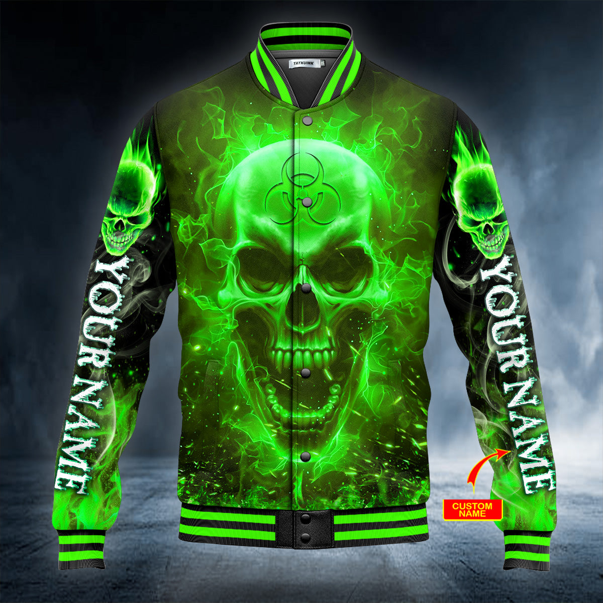 Green Biohazard Skull Personalized Baseball Jacket - Tatkuink Clothing