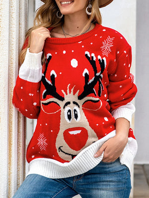 Women's Christmas Long Sleeves Fur Collar Sweater Reindeer Print Pullover - Lilymecheconcept