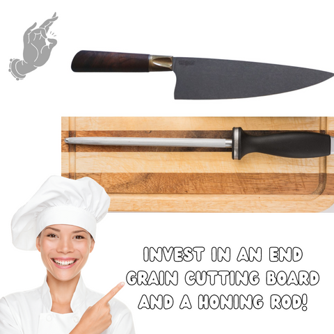 Primeaux Chef Knife and Honing Rod on end grain cutting board