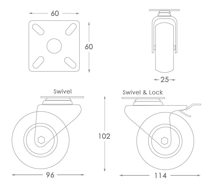 Dimension of 3 Inches PU Swivel and Lock Caster Wheels