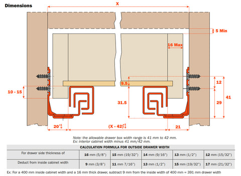 Dimension of Salice Push to Open Undermount Drawer Slides