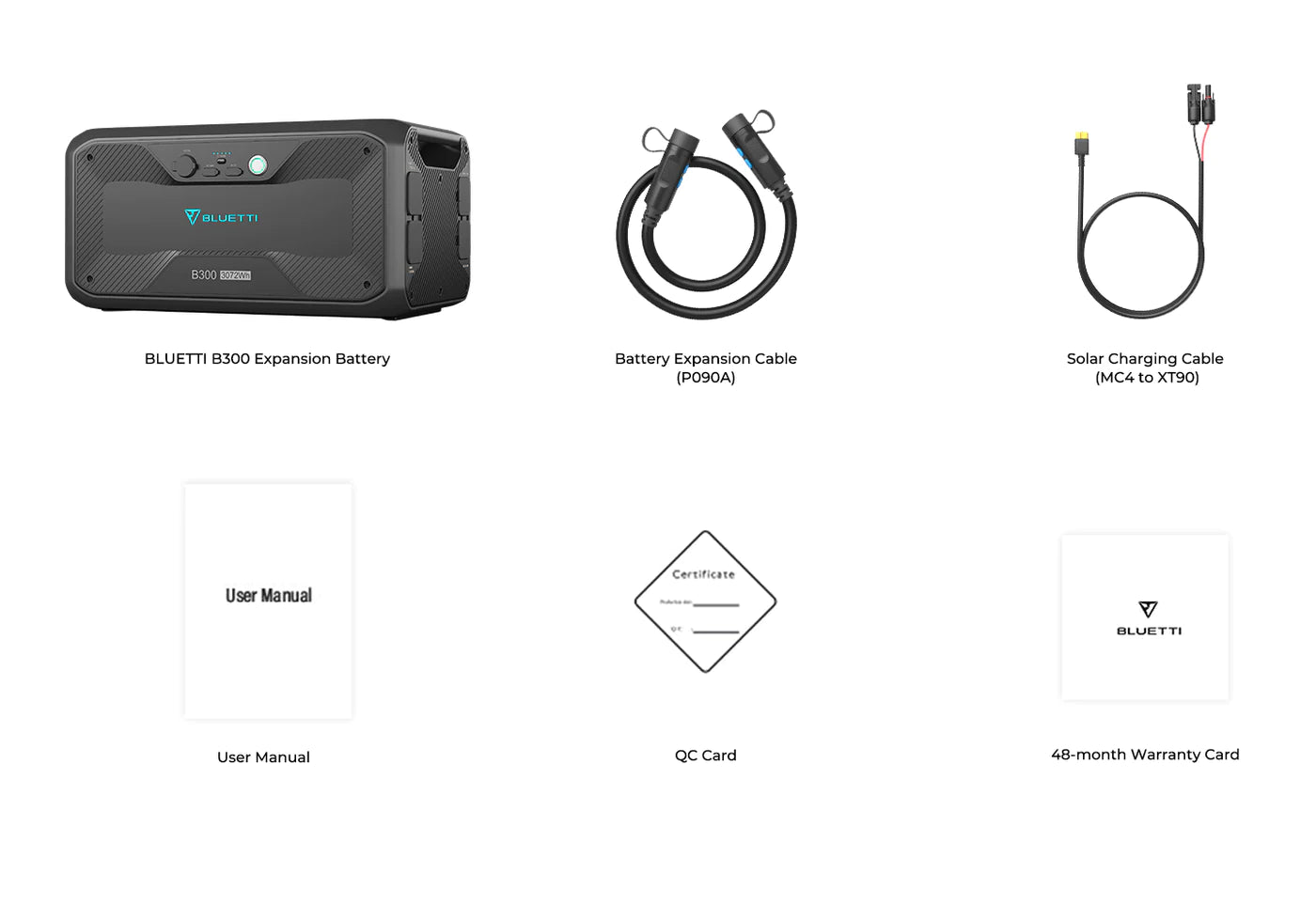 Image showing the Bluetti B300 3,072Wh LiFePO4 Expansion Battery with expandable capacity, battery expansion cable (P090A), MC4 to XT90 solar charging cable, user manual, QC card, and a 48-month warranty card.