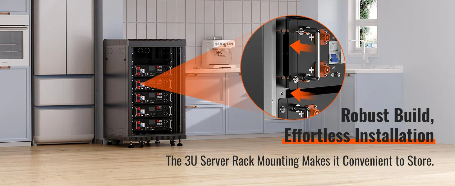 A black Rich Solar 5.12kWh 48V 100Ah ALPHA 5 PRO server rack lithium battery sits in a modern room. Inset shows mounting screws. Text: Robust Build, Effortless Installation. Remote monitoring app simplifies storage and management.