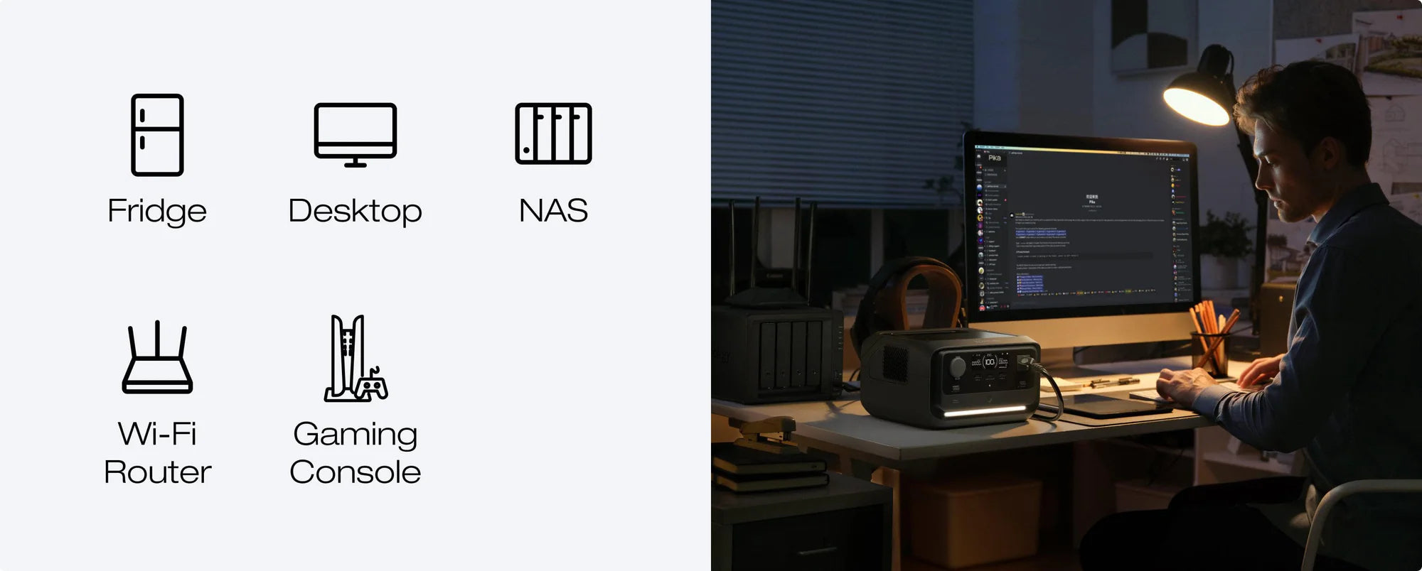 A man works at a computer in a dim office. Device icons show: Fridge, Desktop, NAS, Wi-Fi Router, Gaming Console. Next to him sits the EcoFlow RIVER 3 Plus 600W 286Wh Portable Solar Power Station with X-GaNPower tech by EcoFlow.