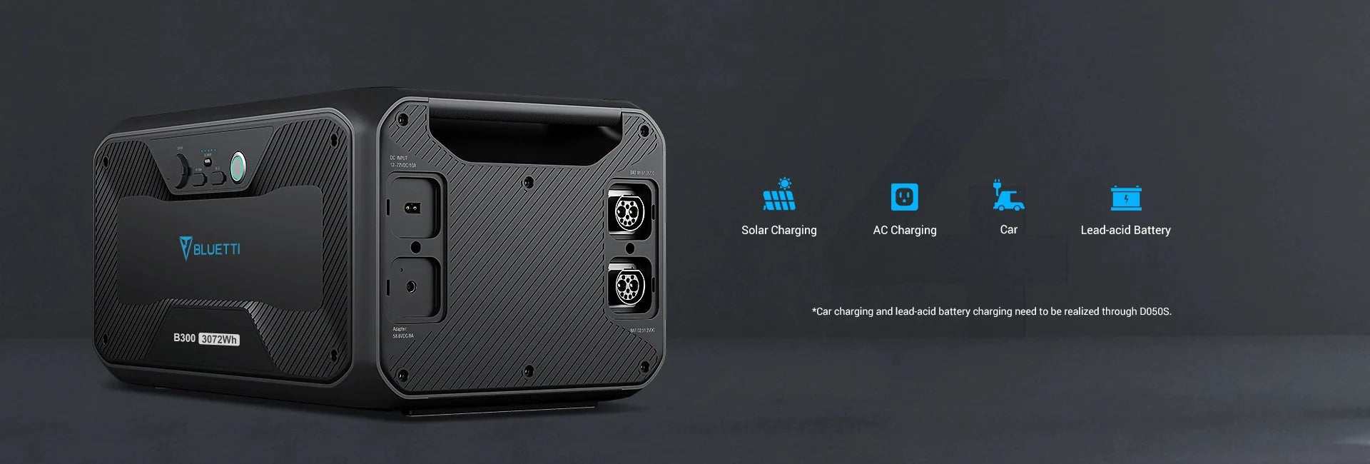 On the left is the Bluetti B300 3,072Wh LiFePO4 Expansion Battery, featuring various ports and buttons; on the right, icons illustrate solar, AC, and car charging plus expandable capacity against a dark background.