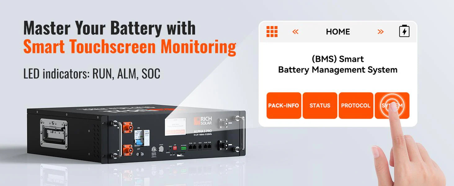 A hand selects SYSTEM on a touchscreen labeled Battery Management System (BMS), near a Rich Solar 5.12kWh 48V ALPHA 5 PRO server rack lithium battery, with text: Master Your Battery with Smart Touchscreen Monitoring and Advanced Features.