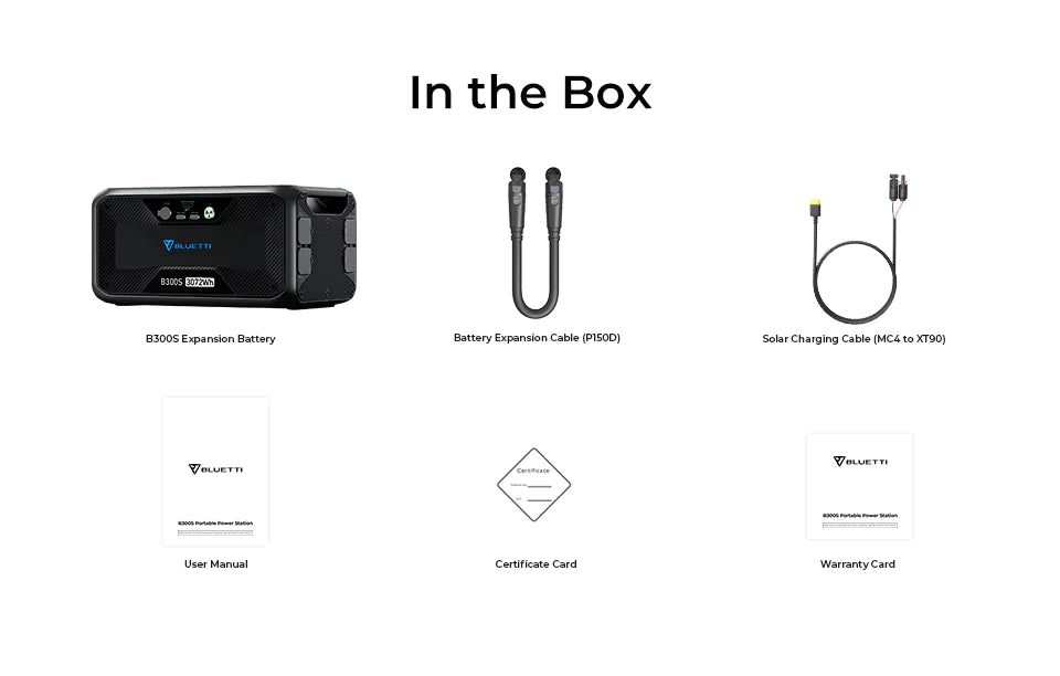 Contents of the box: Bluetti B300S 3,072Wh Expansion Battery, P150D battery expansion cable, MC4 to XT90 solar charging cable, user manual, certificate card, and warranty card—all shown on a white background.