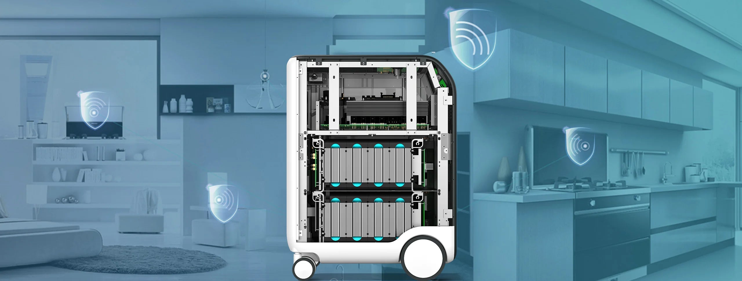 A cutaway of the Bluetti EP500 2,000W 5,120Wh Portable Solar Power Station with LiFePO4 battery is shown in a modern living space, digital icons illustrating wireless connectivity across the smart home.