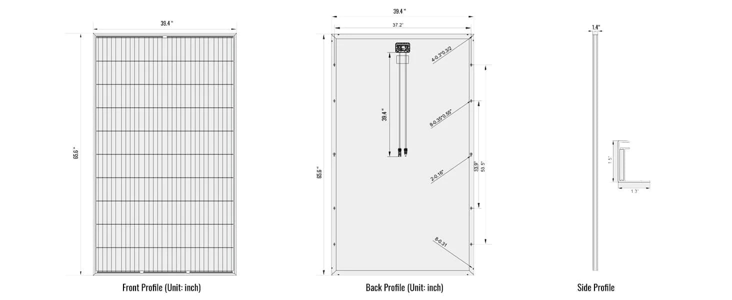 Technical drawing of the Rich Solar MEGA 335W 24V Monocrystalline Solar Panel (pallets only) by Rich Solar displays front, back, and side views with inch dimensions; grid-patterned front, mounting points rear, and slim side profile.
