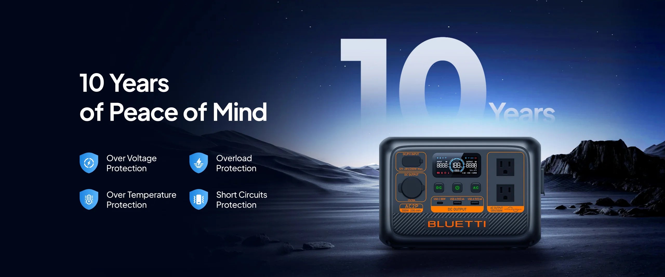 The BLUETTI AC2P 300W 230.4Wh Portable Power Station by Bluetti is shown in a moonlit desert, with “10 Years of Peace of Mind” text, highlighting LiFePO4 battery and protection against overload, temperature, and short circuits.
