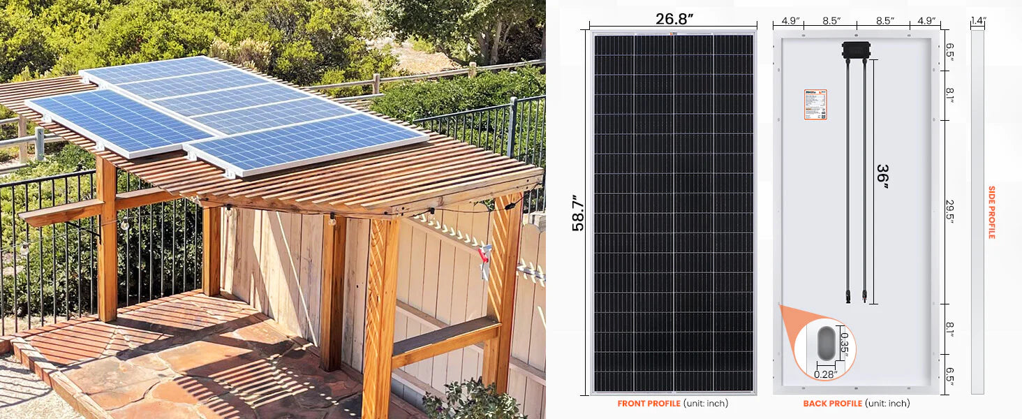 On the left, a wooden pergola is topped with three Rich Solar MEGA 100W 12V Monocrystalline Rigid Solar Panels. On the right, a technical diagram shows front and back dimensions—perfect for off-grid solar installations.