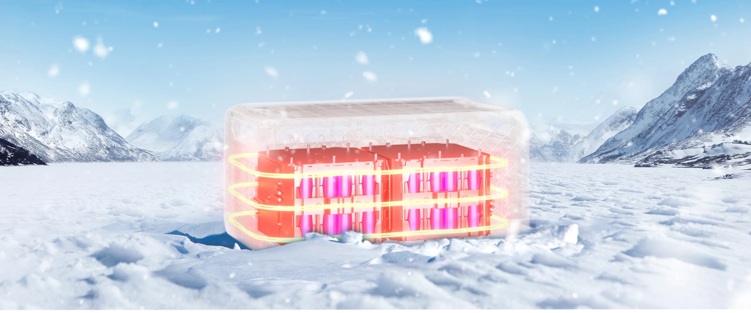 A glowing Bluetti B300S 3,072Wh Expansion Battery with visible internals sits on snowy mountains under a blue sky with falling snowflakes, highlighting Bluetti’s innovative rechargeable power solution.