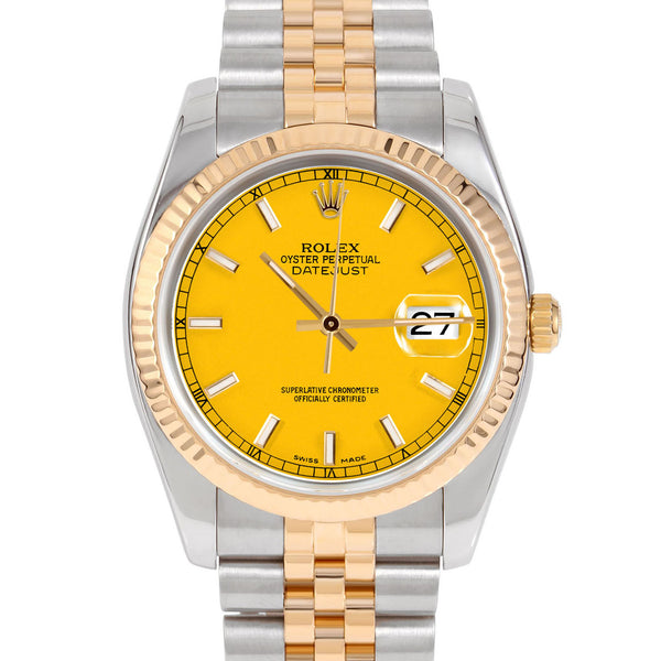 Rolex Men's Datejust Watch - 116233-BLKSFJ - 36mm - Black Stick Dial - Yellow Rolesor Case - Fluted Bezel - Yellow Rolesor Jubilee Bracelet