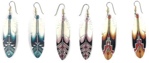Rawhide eagle feather earrings by Dominic Arquero (Cochit)