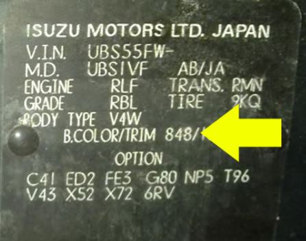 Isuzu – Inside driver’s door jamb.Under the hood firewall.