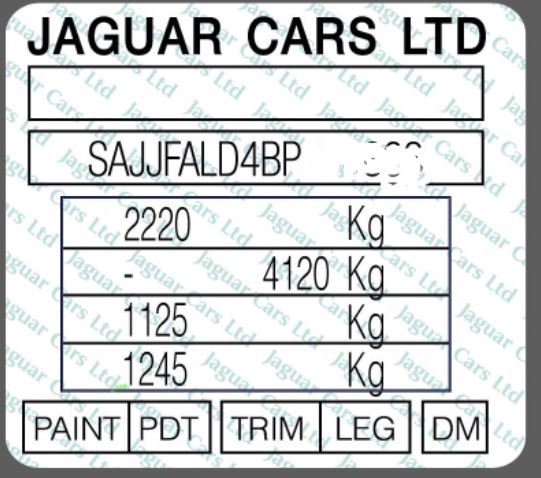 Jaguar – Inside driver’s door jamb.