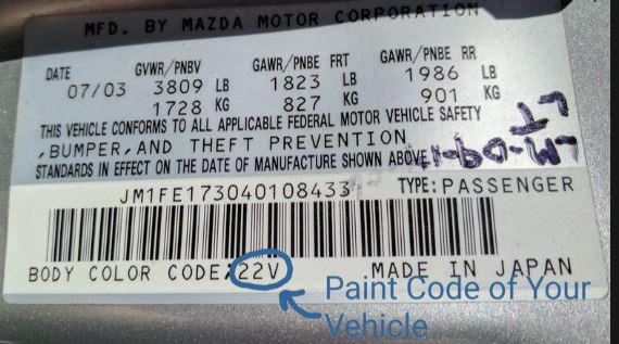 Mazda – Inside driver’s door jamb.