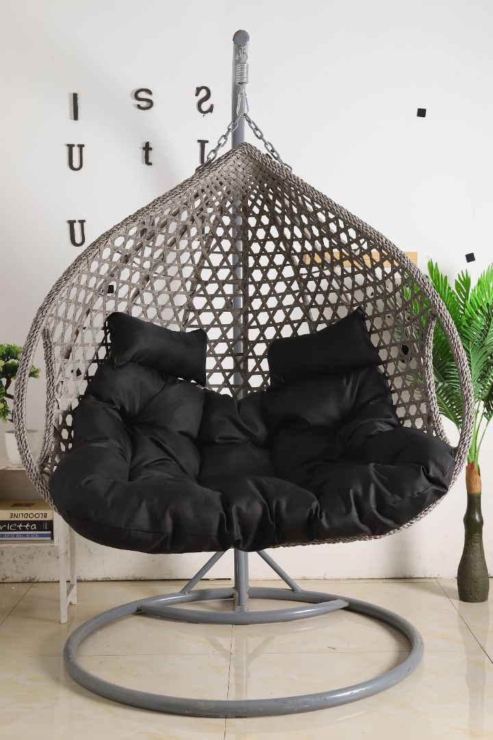 Double Seat Hanging Egg Chair Luxury Grey Basket Black Cushion