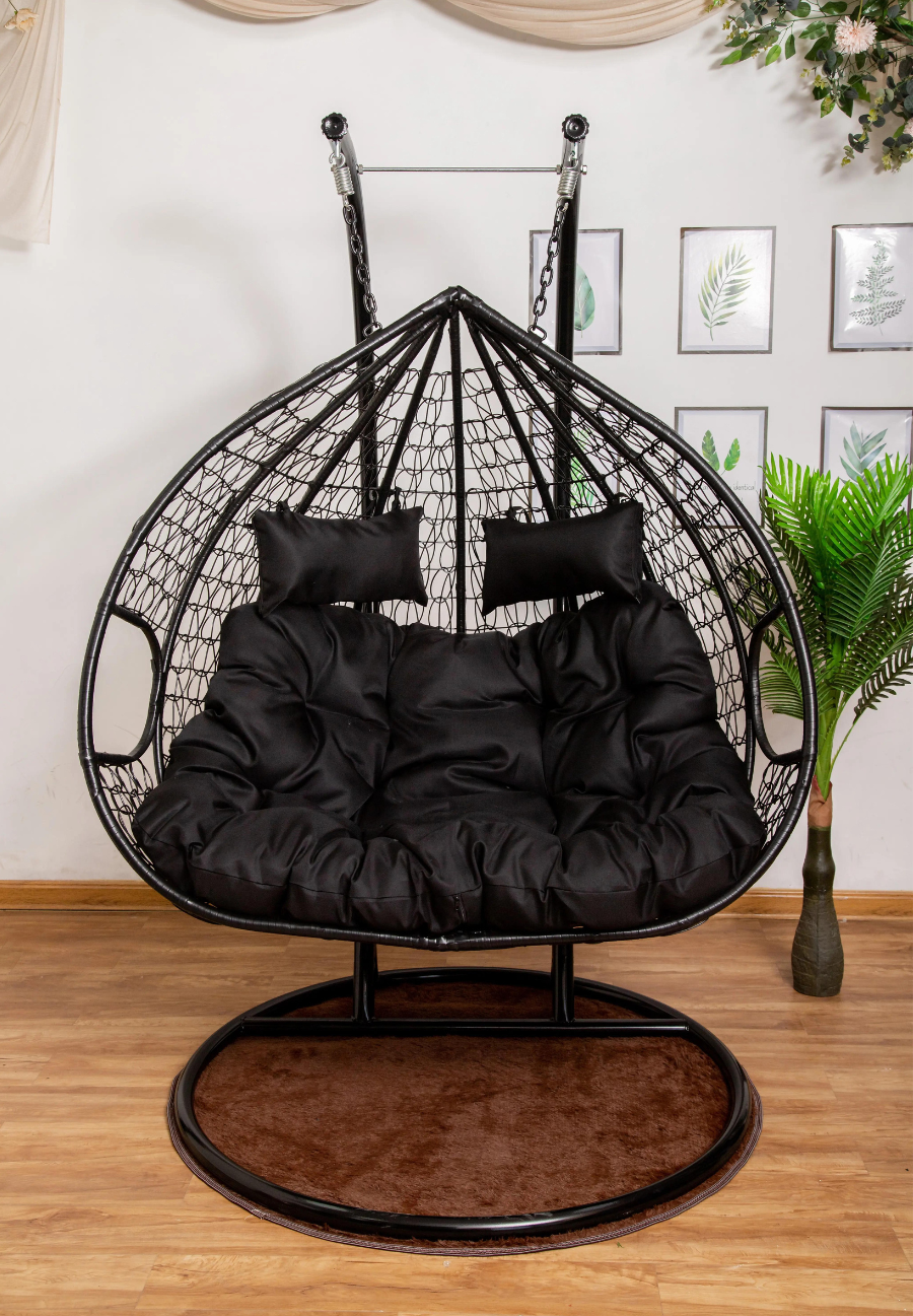 King size Hanging Egg Chair Double Seat Black Basket Red