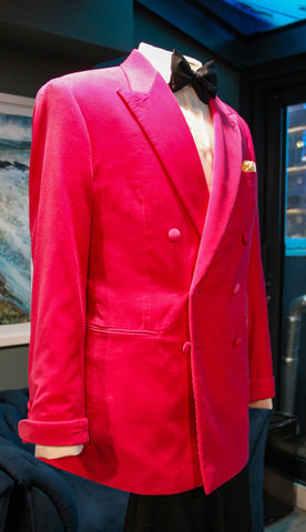 Cerise pink velvet smoking jacket by Oliver Brown. Inspired by Bond hero, Daniel Craig.
