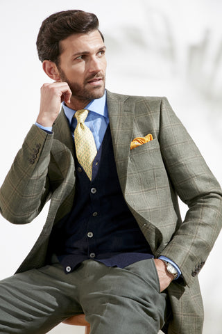 Model wearing Oliver Brown check jacket